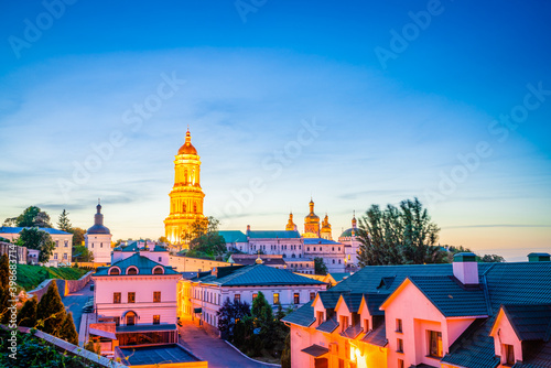 Beautiful summer sunset of Kiev Pechersk Lavra Orthodox Monastery. Great morning view of Kiev, capital of Ukraine, Europe