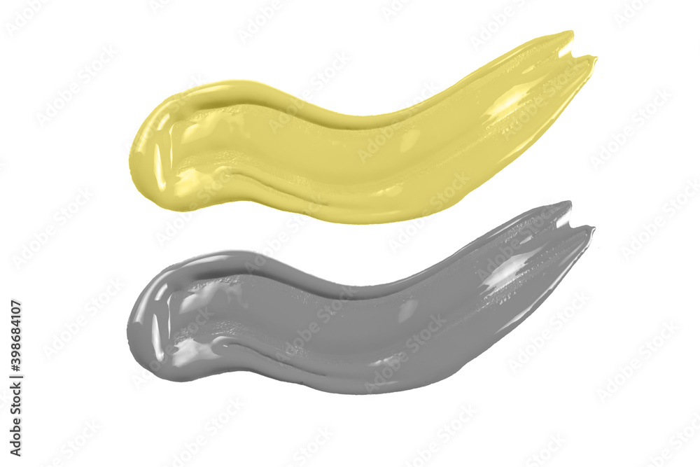 Stroke of illuminating yellow and ultimate grey glossy paint with visible texture isolated on white background. Creativity and art concept. Main coor trend of the year 2021. Stroke of illuminating yellow and ultimate grey glossy paint with visible texture isolated on white background. Creativity and art concept. Main coor trend of the year 2021.