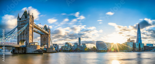 Tower Bridge sunset panorama in London. England
