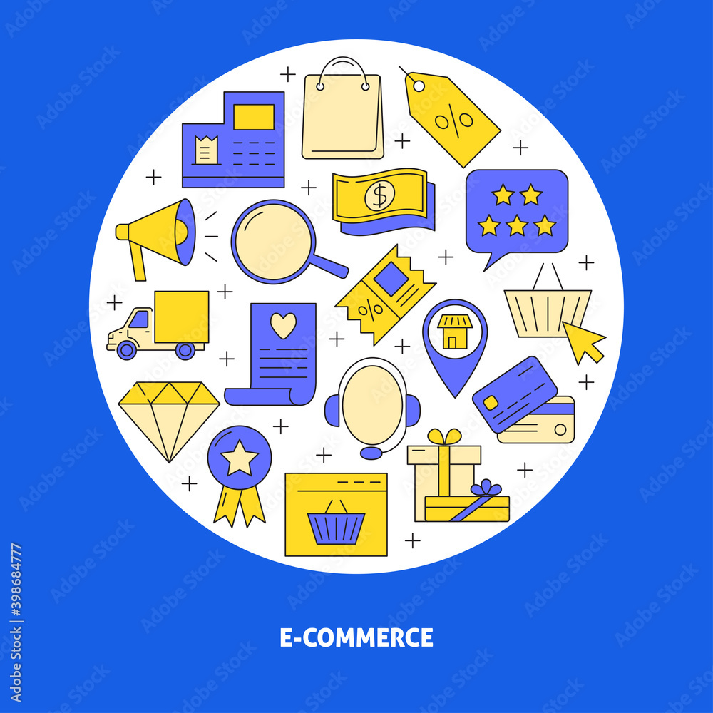 E-commerce round concept poster in line style with text