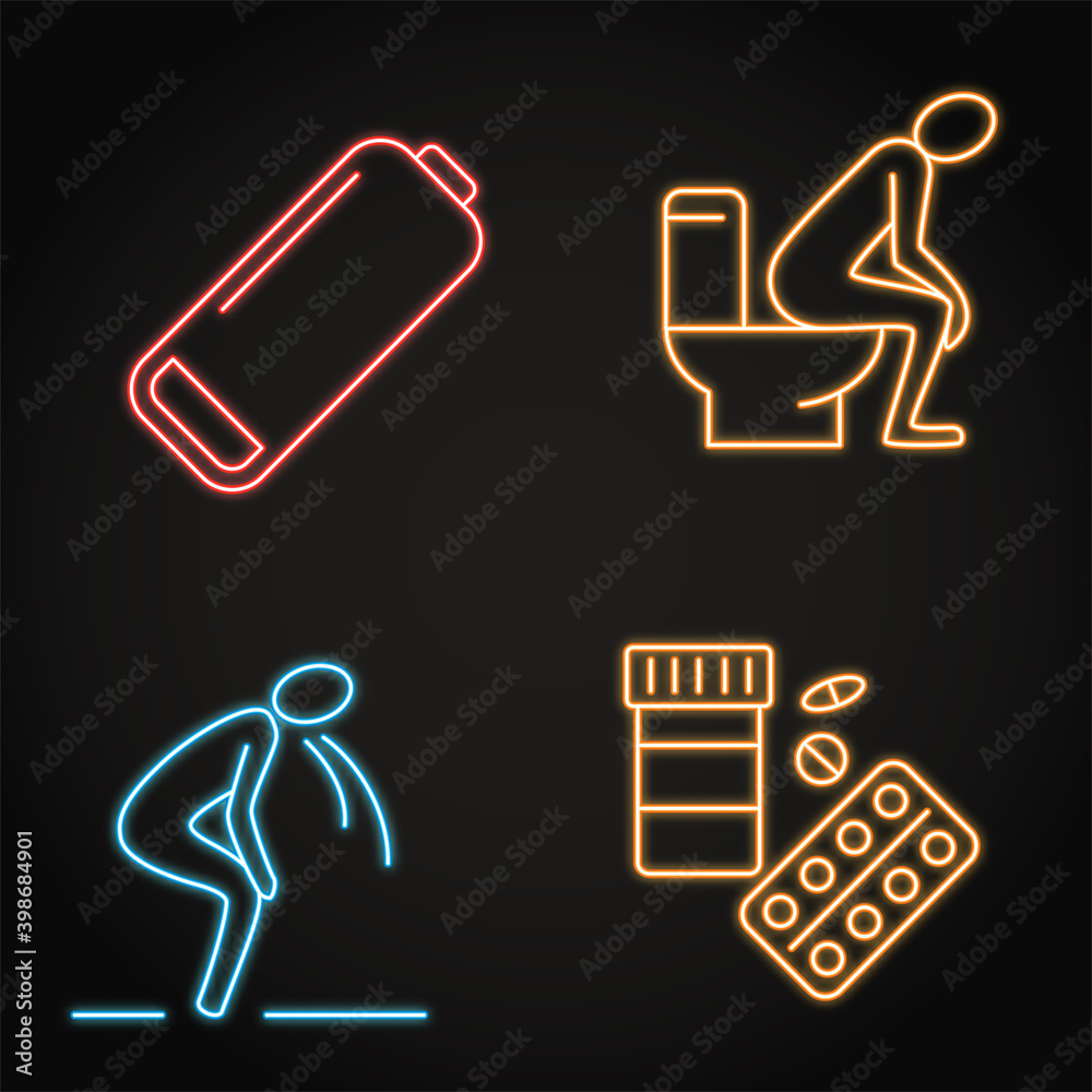 Neon stomach problems icon set in line style