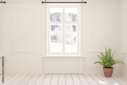 Mock up of empty room in white color with winter landscape in window. Scandinavian interior design. 3D illustration