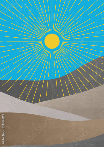 Mid century minimalist landscape illustration. contemporary aesthetic art print template.Modern trendy boho wall decor. Yellow sun with circle of rays and textured mountains vector illustration