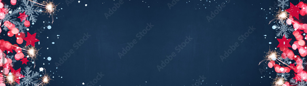 Christmas / Silvester / New Year background banner Panorama, card template - Red stars, ice crystals, snowy snowflakes, sparklers and bokeh, isolated on dark blue night texture	
