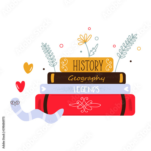 Vector illustration of a pile of books and funny bookworm in a flat style.