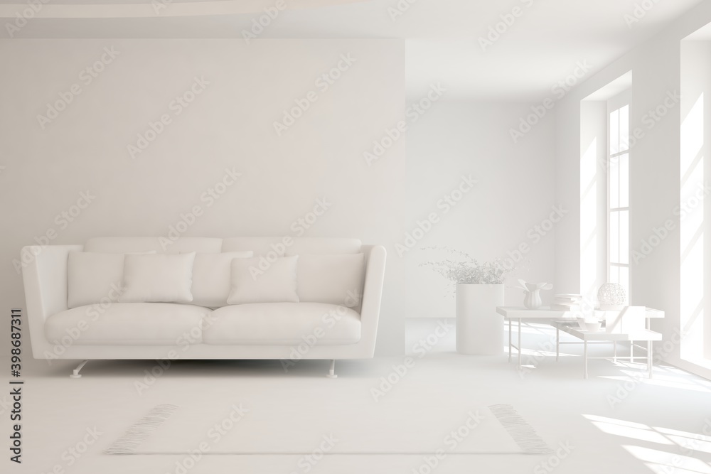 White minimalist living room with sofa. Scandinavian interior design. 3D illustration White minimalist living room with sofa. Scandinavian interior design. 3D illustration