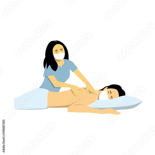 Massage of the back with respiratory, wellness service, people wearing medical masks. Flat design vector illustration. Young woman with face mask getting a massage, prevention