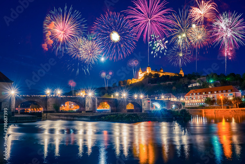 Fireworks panorama of Wurzburg in Bavaria  Germany  view of the Marienberg Fortress 