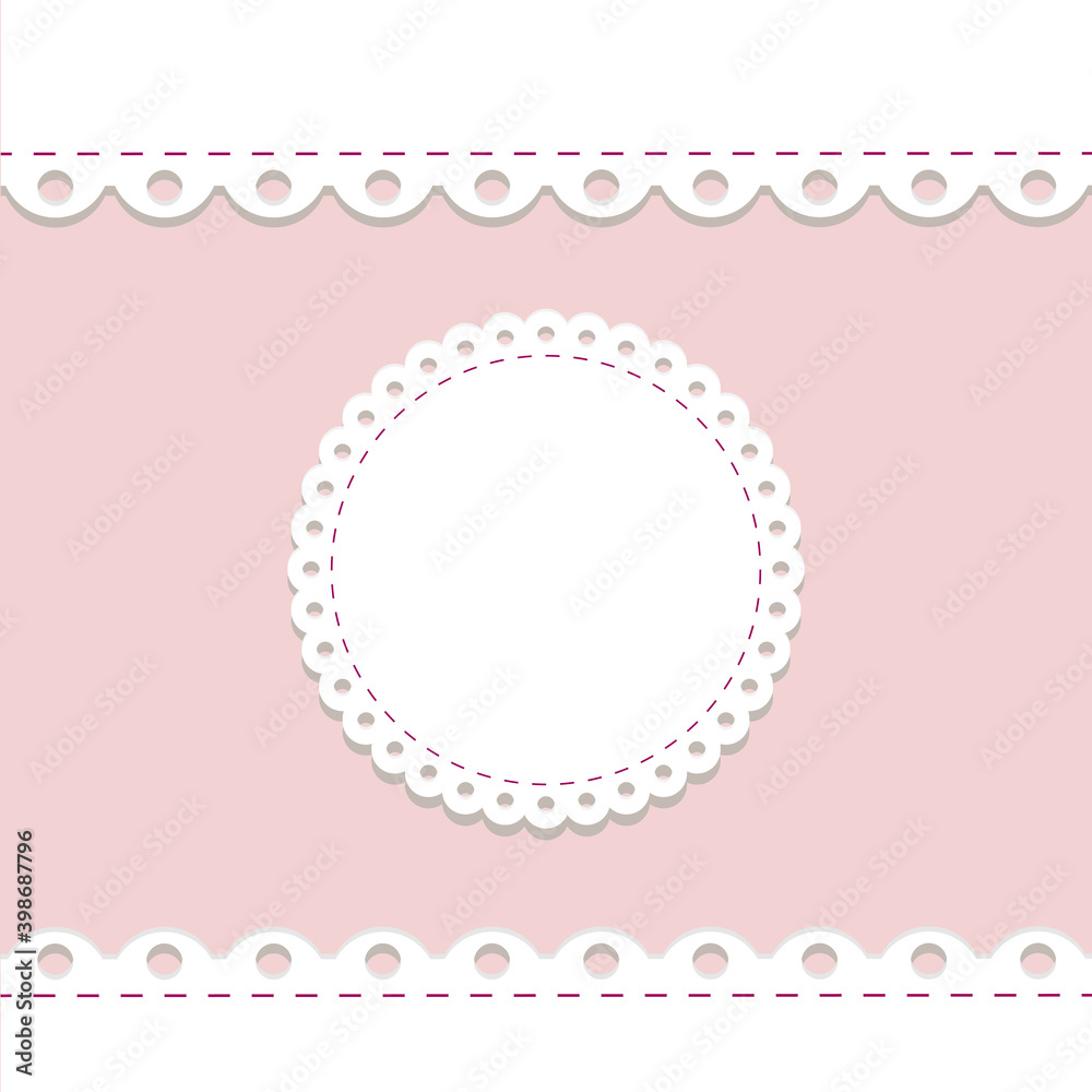 lacy frame and border template. cute round doily on pink background with scallop border. vector template for baby shower, wedding and farm products design. decoration elements, vintage country label lacy frame and border template. cute round doily on pink background with scallop border. vector template for baby shower, wedding and farm products design. decoration elements, vintage country label