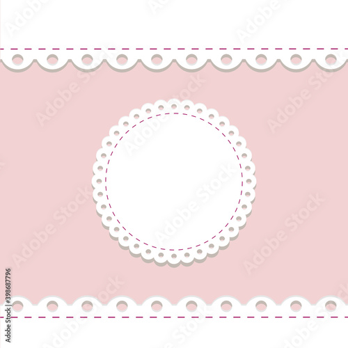 lacy frame and border template. cute round doily on pink background with scallop border. vector template for baby shower, wedding and farm products design. decoration elements, vintage country label
