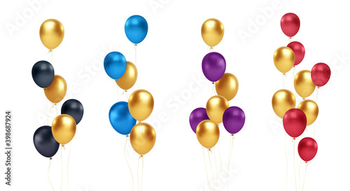 Foto Set of festive bouquets of gold, blue, red, black and purple balloons isolated on white background