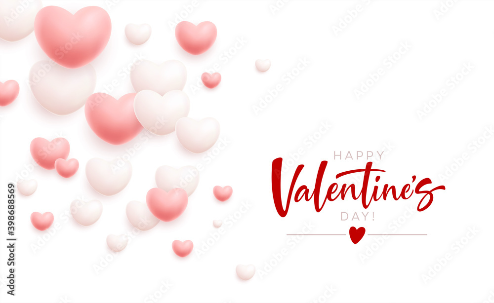 Happy Valentines Day festive background of flying white and pink hearts. Vector illustration
