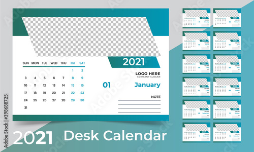 Desk Calendar Design 2021, Set Desk Calendar template, Week Starts on Sunday & Set of 12 Months. photo