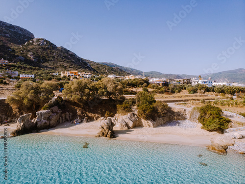 Tropical beach of Voulisma beach, Istron, Crete, Greece ,Most beautiful beaches of Crete island -Istron bay near Agios Nikolaos drone aerial view photo