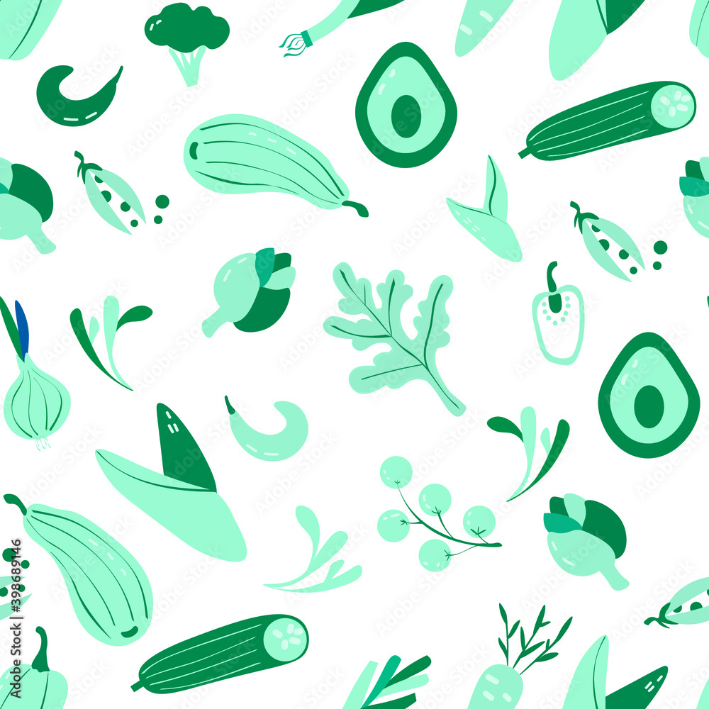 hand drawn red and green fruits, berries, vegetables. Flat pepper, tomato, leek, broccoli, garnet, cucumber. Vegetarian healthy food vector texture. Vegan, farm, organic, detox. Seamless pattern 