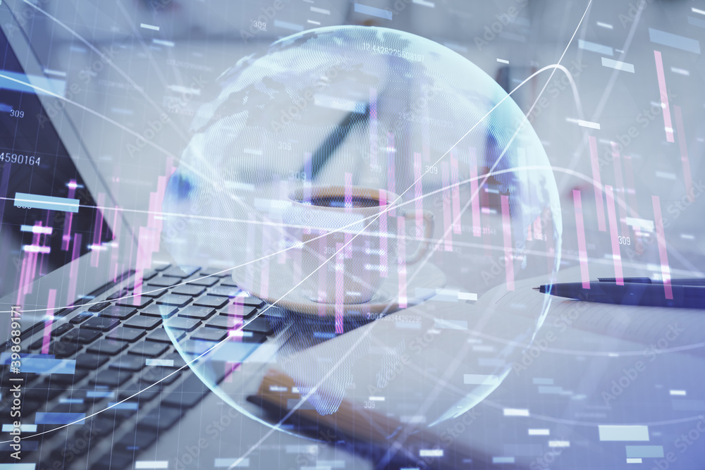 Double exposure of financial chart drawing and desktop with coffee and items on table background. Concept of forex market trading
