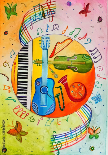 Hand drawn watercolor musical instruments illustration Premium Vector