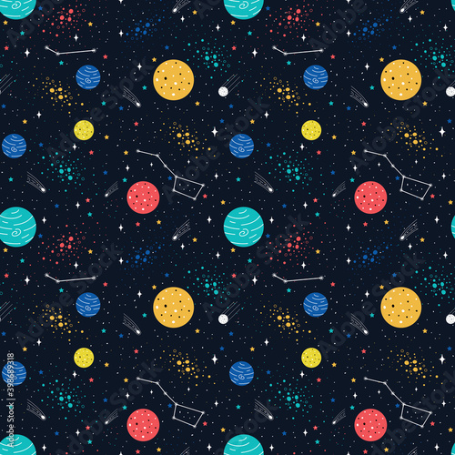 Seamless childish pattern with space elements, star.Creative nursery background. Nice, funny drawing. Vector. Perfect for kids design, fabric, wrapping, wallpaper, textile, apparel.