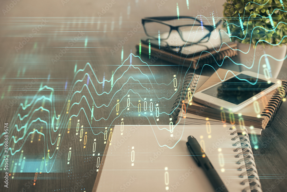 Double exposure of forex chart drawing and cell phone background. Concept of financial trading Double exposure of forex chart drawing and cell phone background. Concept of financial trading