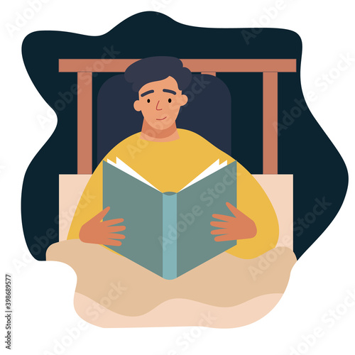 Man reading a book lying in bed. Concept of homeward and comfort. Flat vector