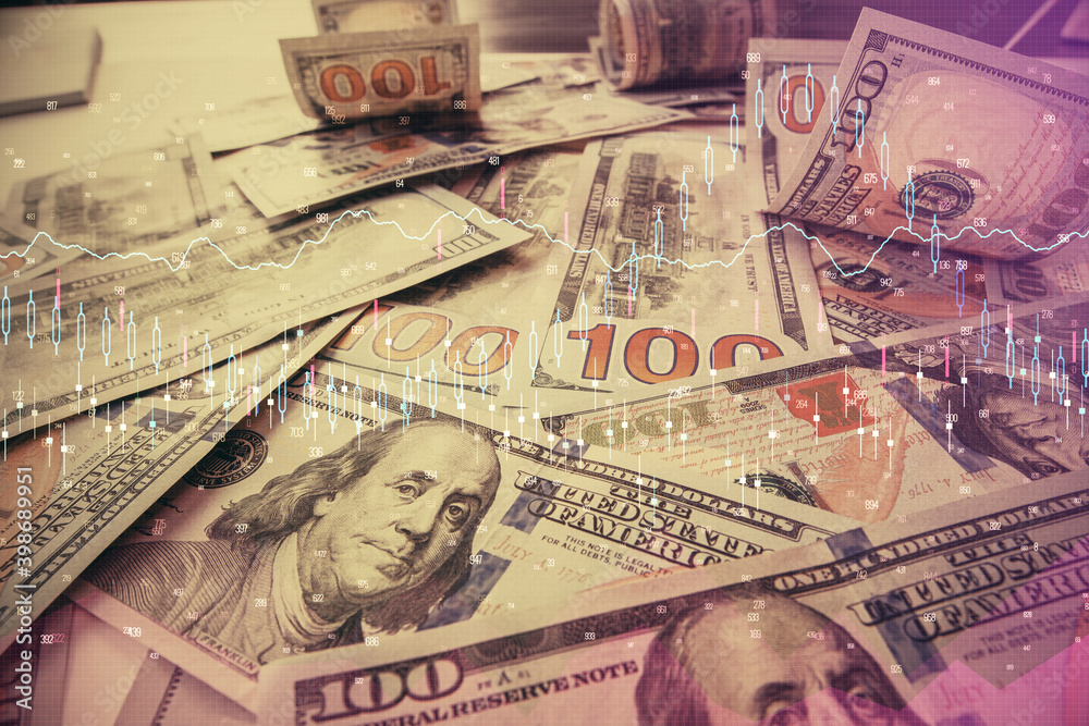 Multi exposure of forex chart drawing over us dollars bill background. Concept of financial success markets. Multi exposure of forex chart drawing over us dollars bill background. Concept of financial success markets.