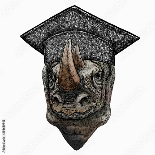 Vector portrait of rhinoceros, rhino. Square academic cap, graduate cap, cap, mortarboard. Wild african animal.
