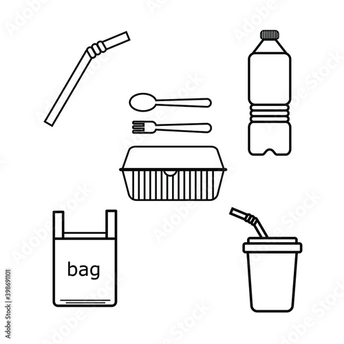 Single use plastic icons. Bottle, cup, straws, bag, food package, fork and spoon. Simple design. Line vector. Isolate on white background. 