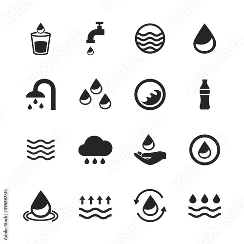 Water icons set isolated on background. Collection of modern water icons for design elements, label, pictogram,  sign, symbol and logo template. Water drop icons. Water icons vector