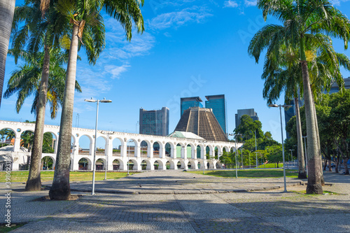 View of Lapa Arches with Cathedral Building in the background - Rio de Janeiro, Brazil photo