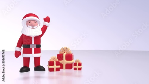 Santa Claus waves his hand near the gift boxes. Idea for Christmas, New Year. 3D animation