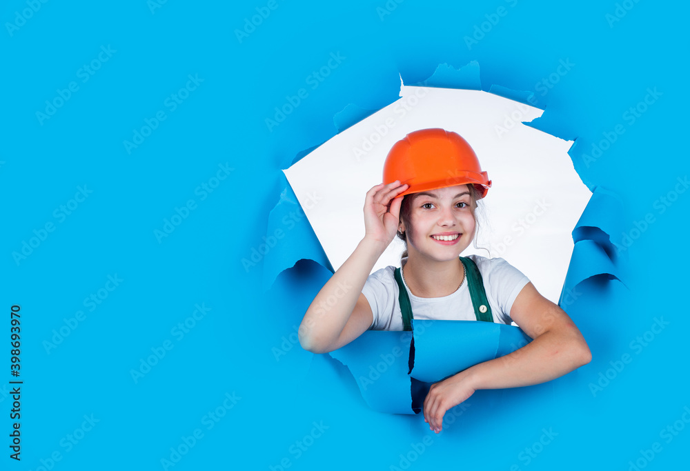 happy kid engineer in hard hat, copy space, profession happy kid engineer in hard hat, copy space, profession