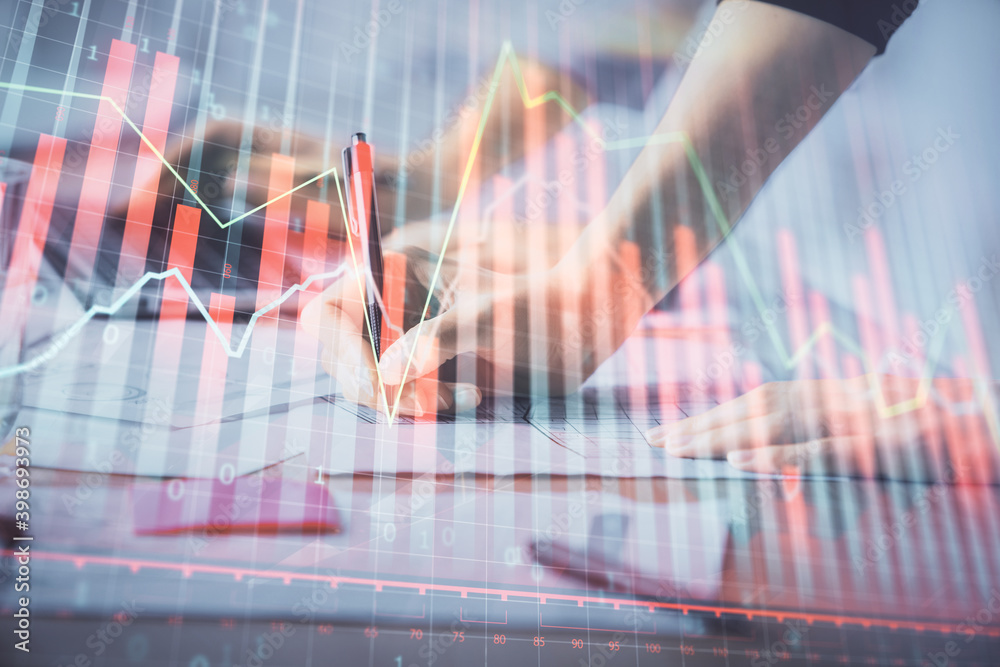 Multi exposure of woman hands typing on computer and financial chart hologram drawing. Stock market analysis concept. Multi exposure of woman hands typing on computer and financial chart hologram drawing. Stock market analysis concept.