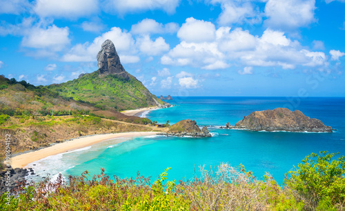 Beautiful view of Conceicao and Middle Beaches with Peak Hill (Morro do Pico) in the brackground, Fernando de Noronha Island - Brazil