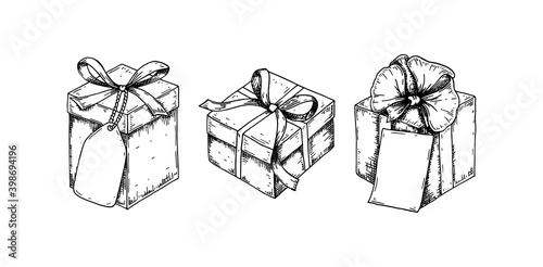 Set of hand drawn luxury gift boxes. Vector illustration in a sketch style isolated on white background