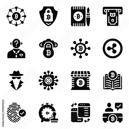 Bitcoin Secure and Blockchain Solid Icons 
