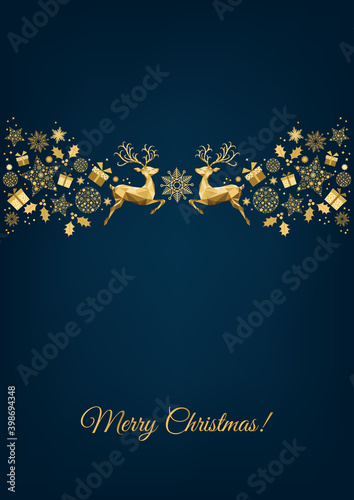 Christmas  golden  decoration  with  Xmas  reindeer, gifts,  snowflakes.