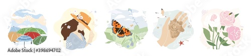 Set of summer stories with flowers, a butterfly, a girl in a hat, umbrellas, a shell in hand. Collection of scenes from a measured, calm, meditative life in the style of hugge. Vector illustration.