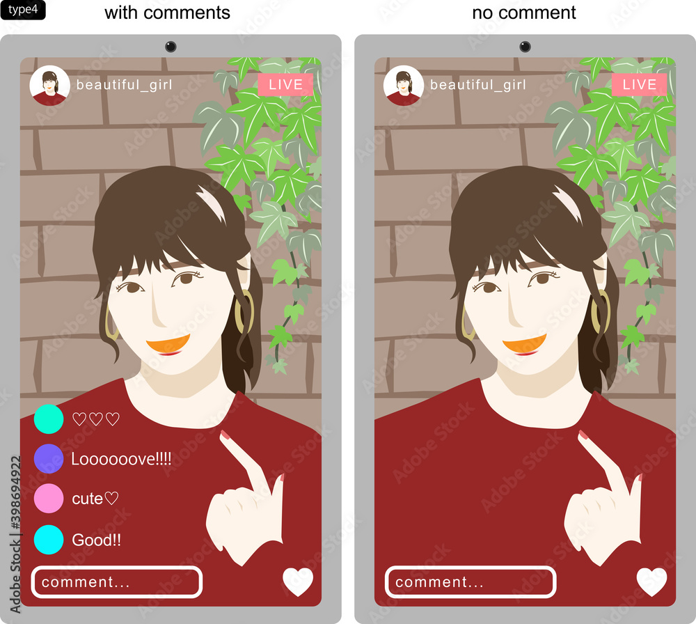 Snsのライブ配信をする若い女性を画面越しに見たイラスト4 線なし コメントありなし版 Vector De Stock Adobe Stock