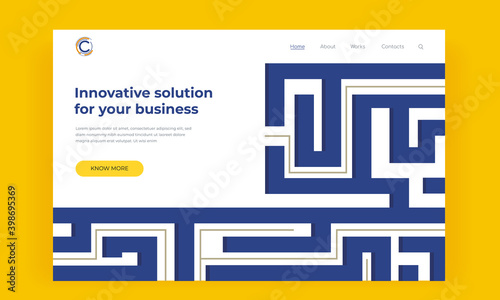 First screen template with a maze as a metaphor of business problems and successful implementation of new ideas. Vector landing page as a concept of analyzing an information for making decisions