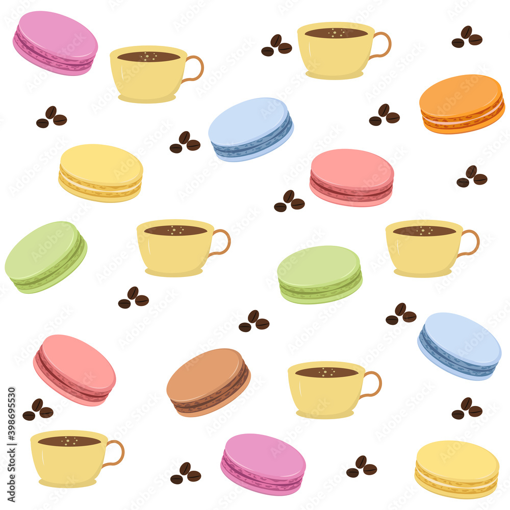 Vector seamless pattern with colorful macaroon and coffee. Sweet vector print.