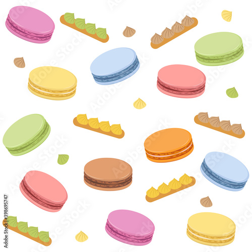 Seamless pattern with colorful macaroon and eclair. Sweet vector print.