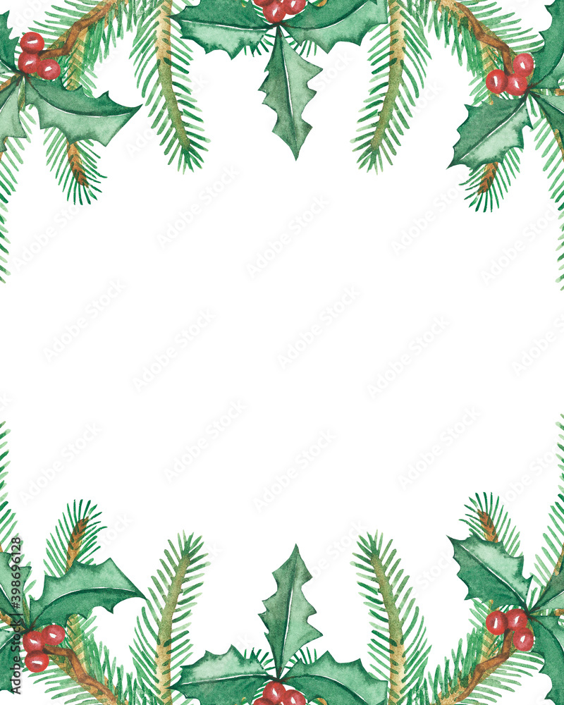 Watercolor hand painted nature winter holiday frame with green fir branches, red holly berries and leaves composition on the white background for invite and greeting card with space for text