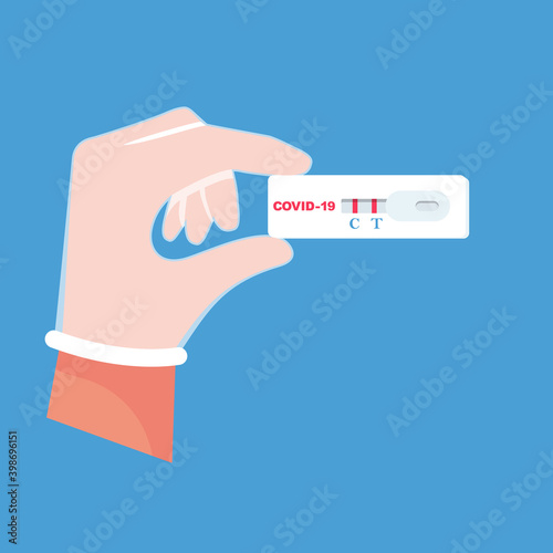 A coronavirus laboratory test in a hospital lab. The doctor holds in hands a test. Blood tube. Research blood samples of new covid-19. Vector illustration flat design. Isolated on background.