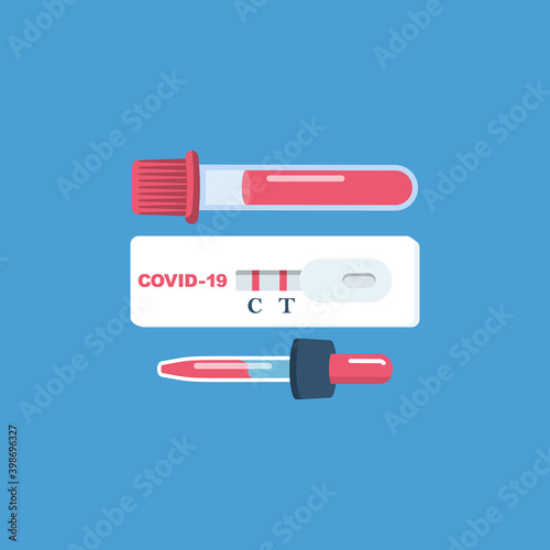 Coronavirus research equipment. Blood samples, pipette and virus test. Laboratory test. Research blood samples of new covid-19. Vector illustration flat design. Isolated on background.