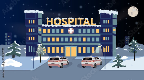 Medical clinic with ambulances. Outside view of the hospital at night. Winter evening. Snow in the city on the building. Health care. Medicine. Vector