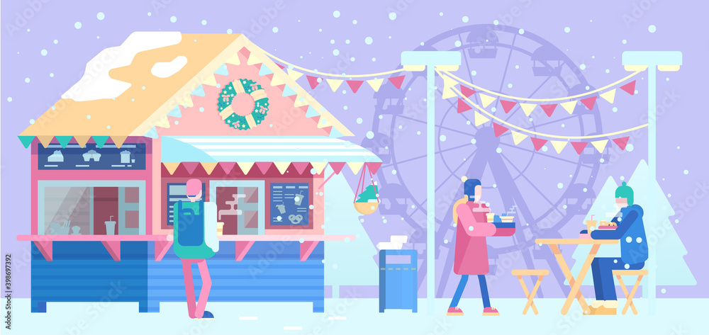 Winter scene with people in the amusement park eating fast food. Street food shop. Flat vector illustration.