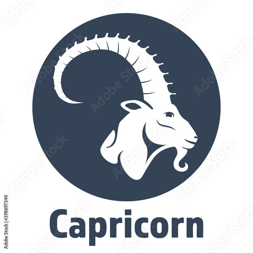 Black zodiac sign Capricorn depicting a goat head with huge horn in a circle. Side view. Illustration of an astrology sign. Vector flat design icon of a Mountain goat