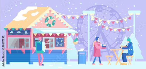 Winter scene with people in the amusement park eating fast food. Street food shop. Flat vector illustration.