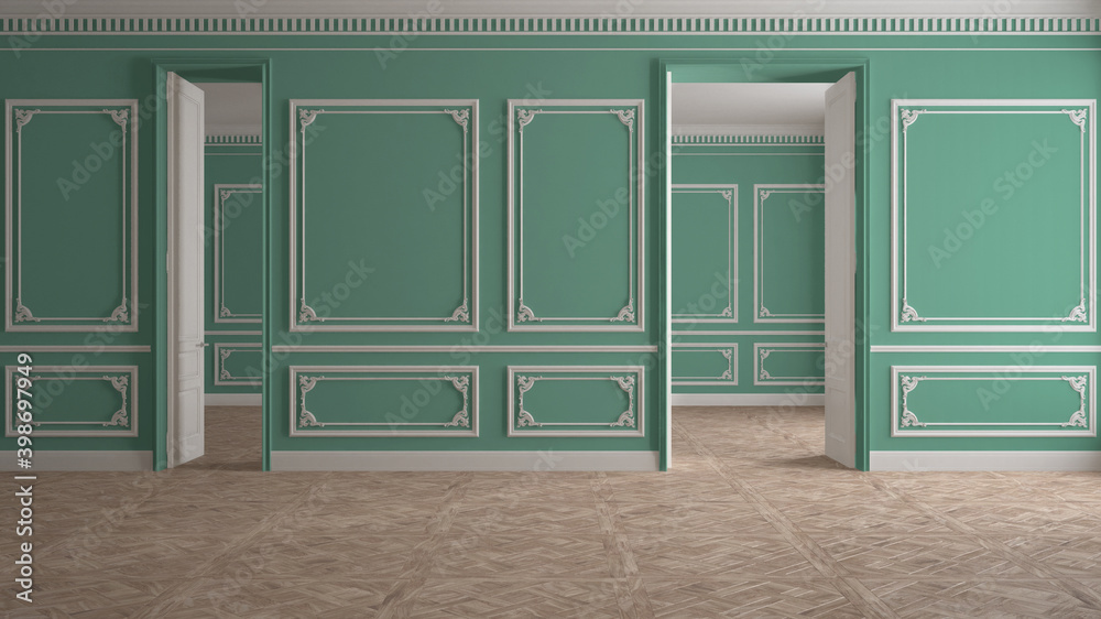 Empty room interior design, classic open space with turquoise and white walls, parquet floor, walls with trim molding, victorian luxury architecture, no people, mock-up, copy space - obrazy, fototapety, plakaty 