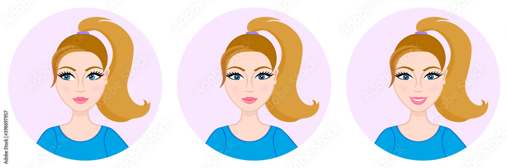 Avatar of a young girl. Woman looking sideways, smiling. Look away. Round icon. Cute face. Caucasian woman. Blue t-shirt. Ponytail hairstyle. Portrait of a teen Avatar of a young girl. Woman looking sideways, smiling. Look away. Round icon. Cute face. Caucasian woman. Blue t-shirt. Ponytail hairstyle. Portrait of a teen